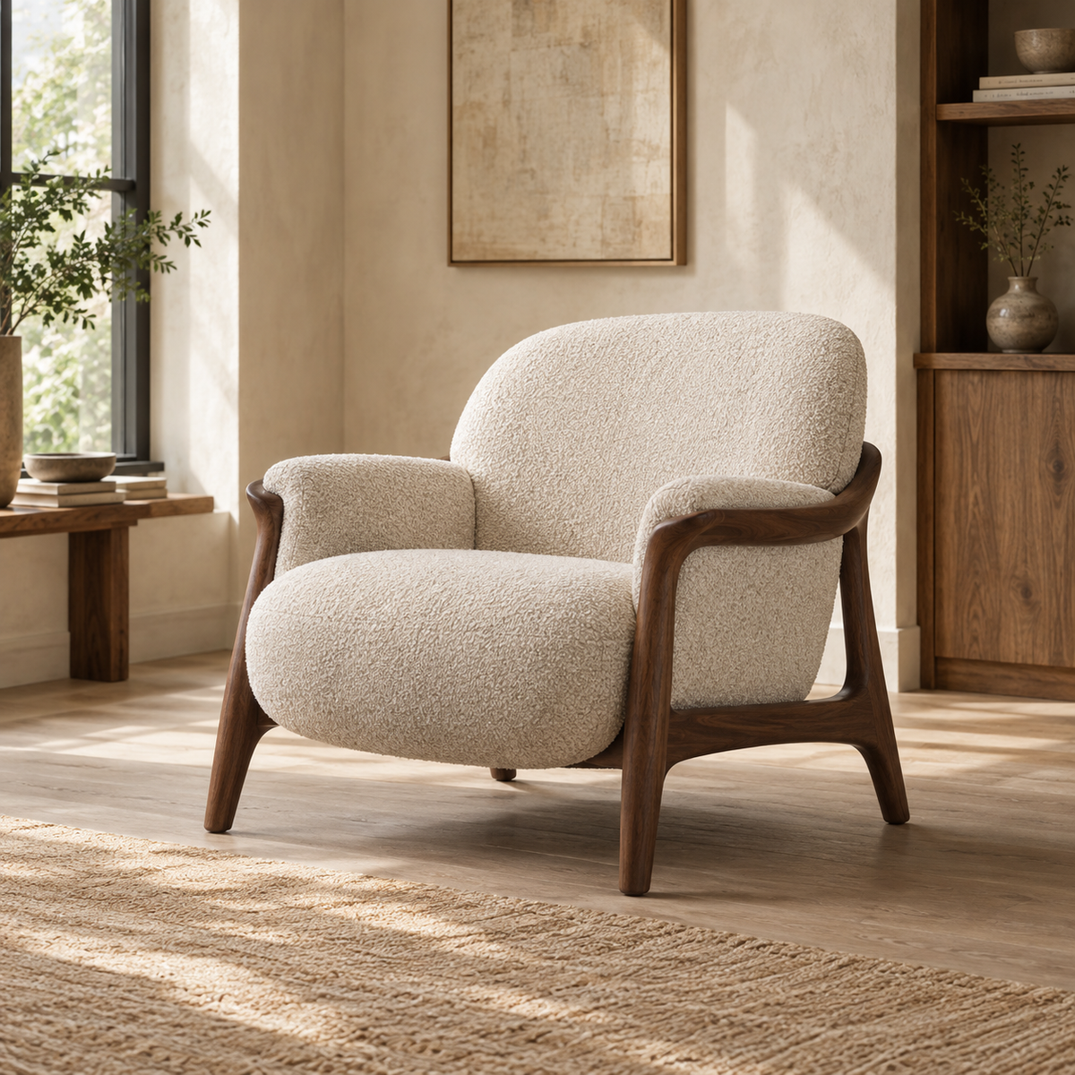 Cream boucle lounge armchair with a sculptural walnut frame
