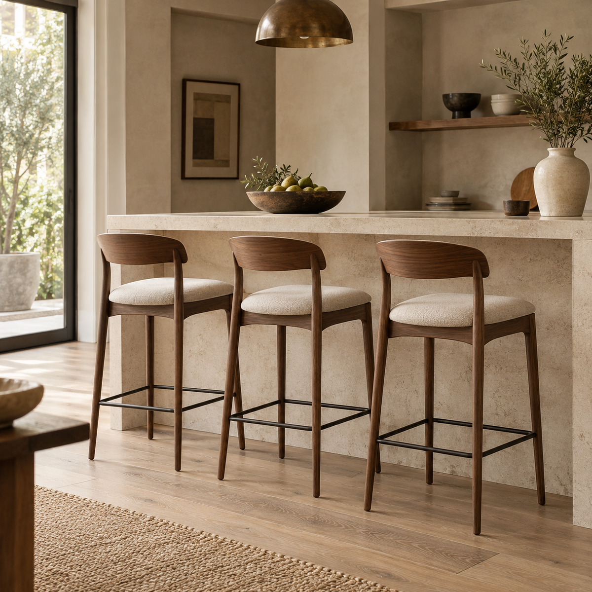 Three walnut bar stools with upholstered seats at a pale stone home bar