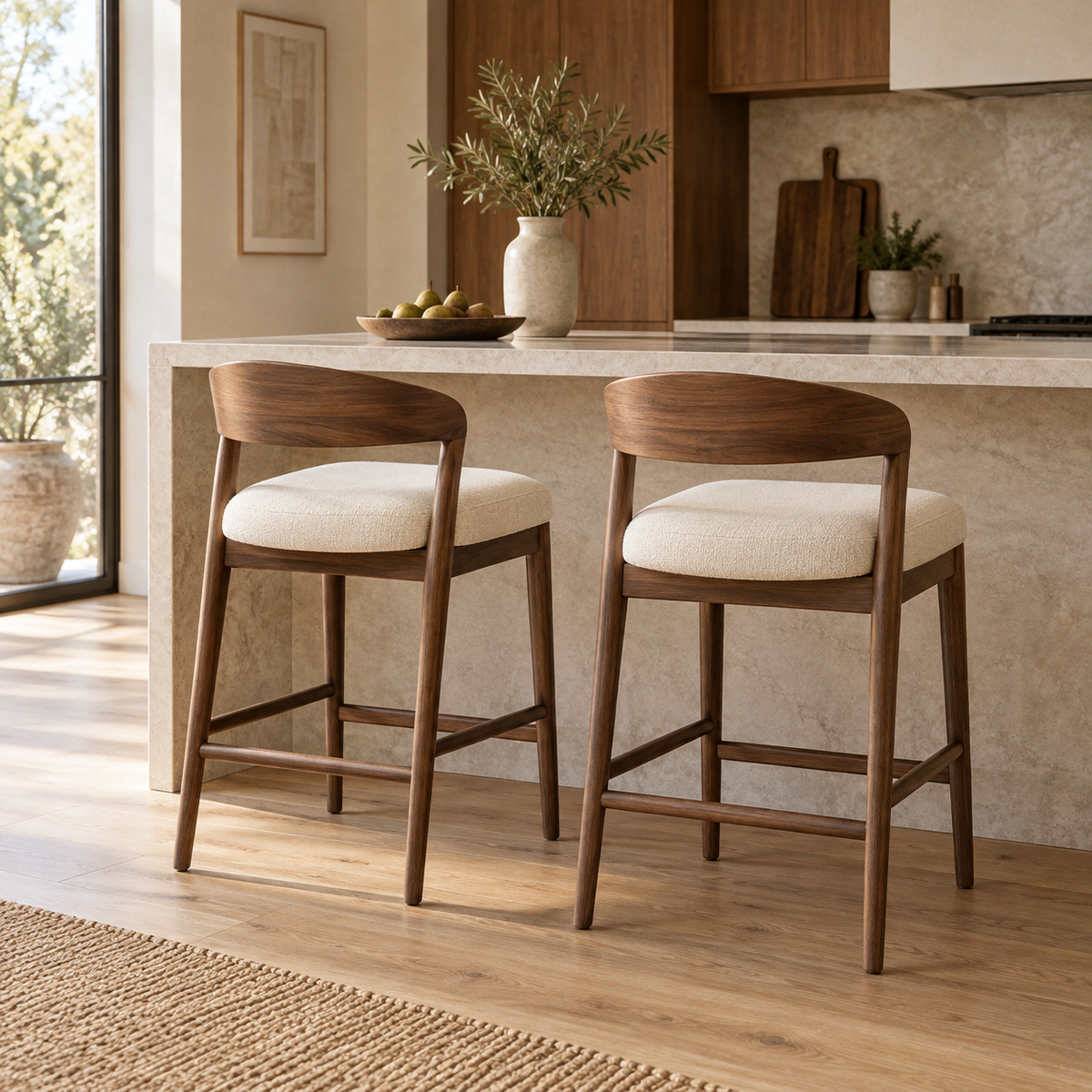 Two walnut counter stools with ivory upholstered seats at a pale stone kitchen island