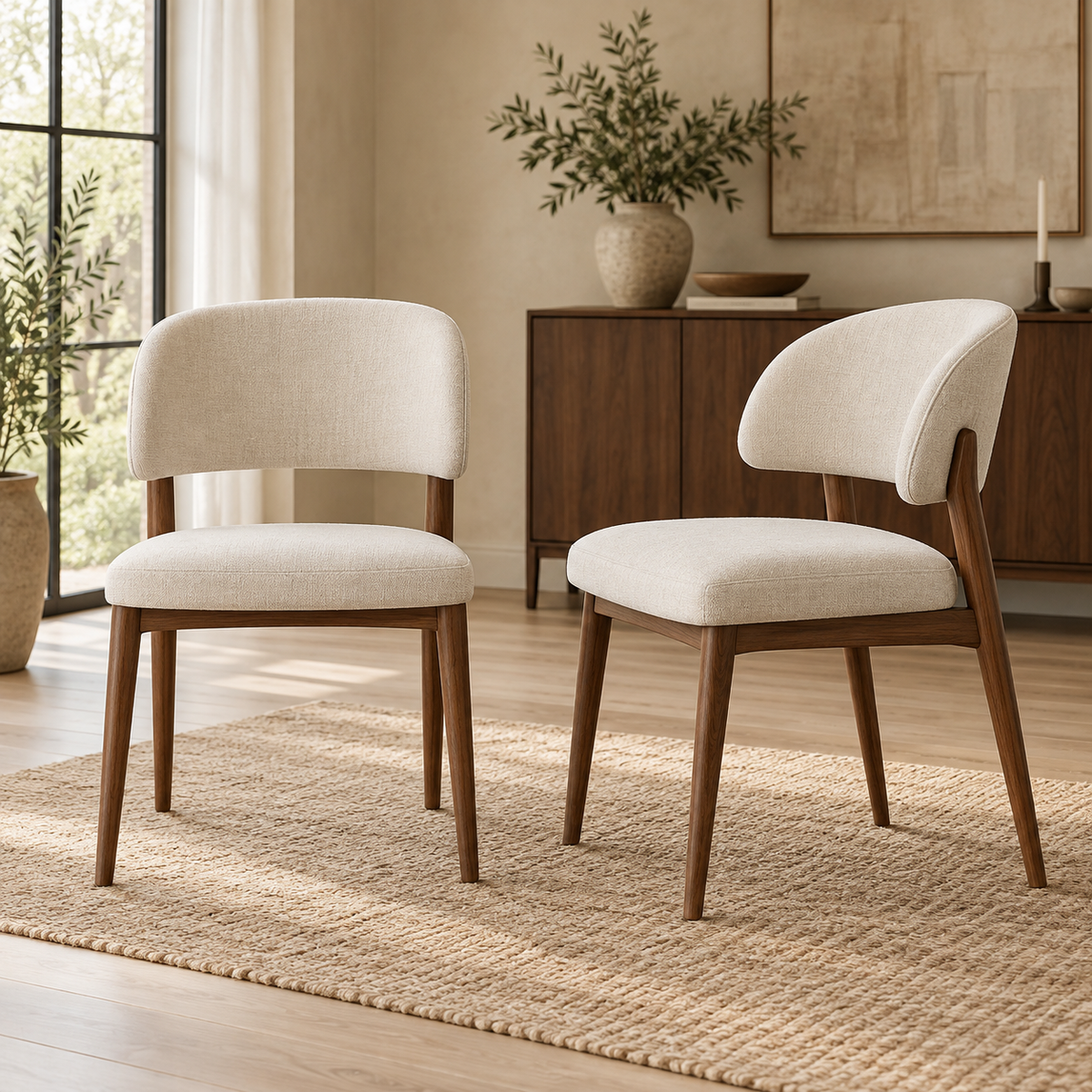 Two ivory upholstered dining chairs with walnut frames in a warm interior