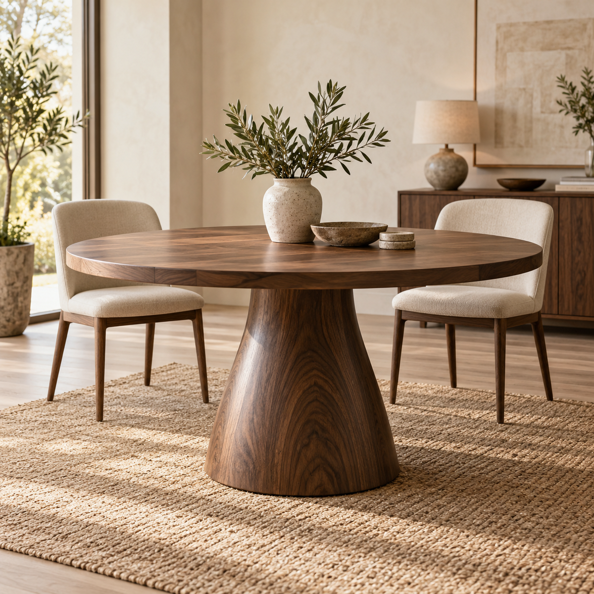 Round walnut dining table with a sculptural pedestal in a softly lit dining room