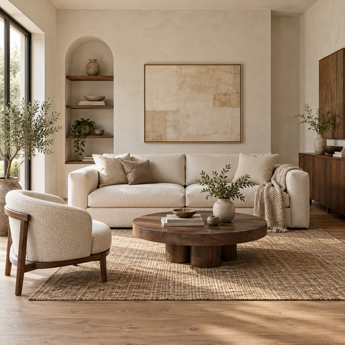 Warm contemporary living room with an ivory sofa, cream armchair and walnut coffee table