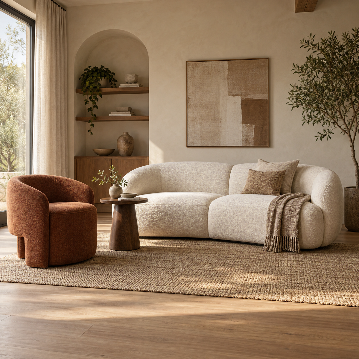 Curated contemporary room with a sculptural ivory sofa, terracotta armchair and walnut side table