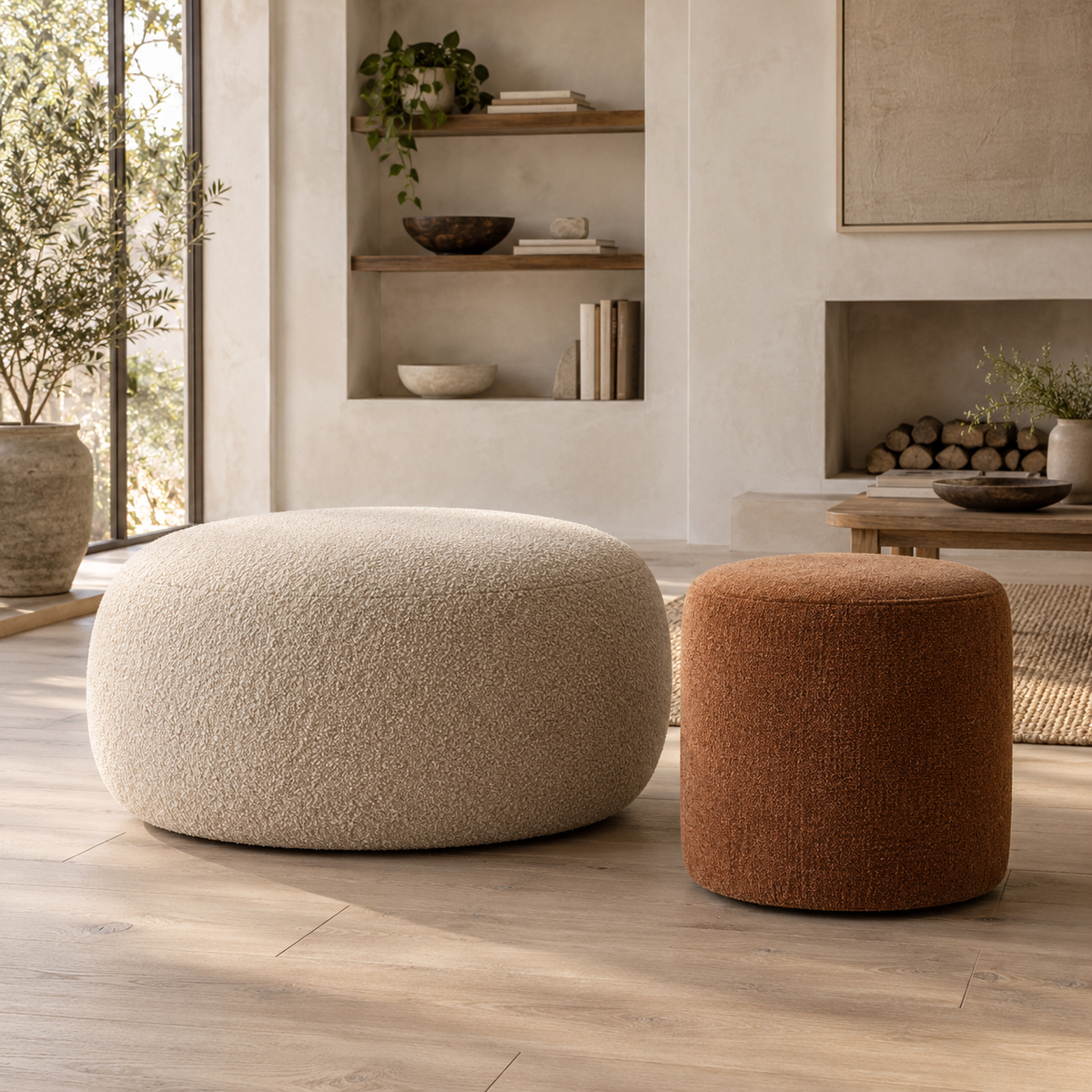 Oatmeal boucle ottoman and rust-colored pouf in a warm living space