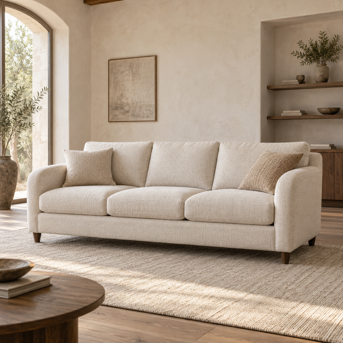 Ivory three-seat sofa in a warm minimal room with walnut accents