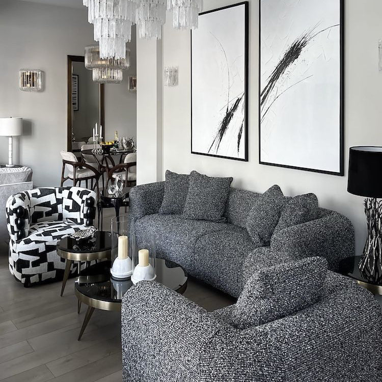 Bergman M 247 cm straight three-seater sofa, black and white bouclé
