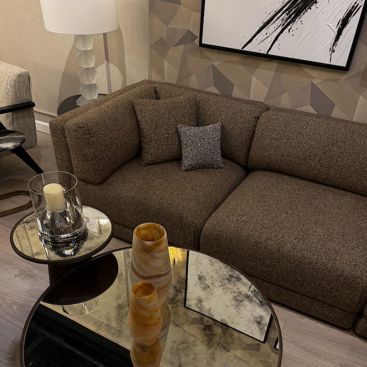 Liora modular corner sofa (right/left-hand configuration), 308 cm, brown melange bouclé