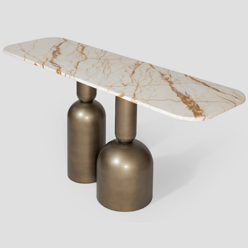 Perrot console table, natural beige marble, brass