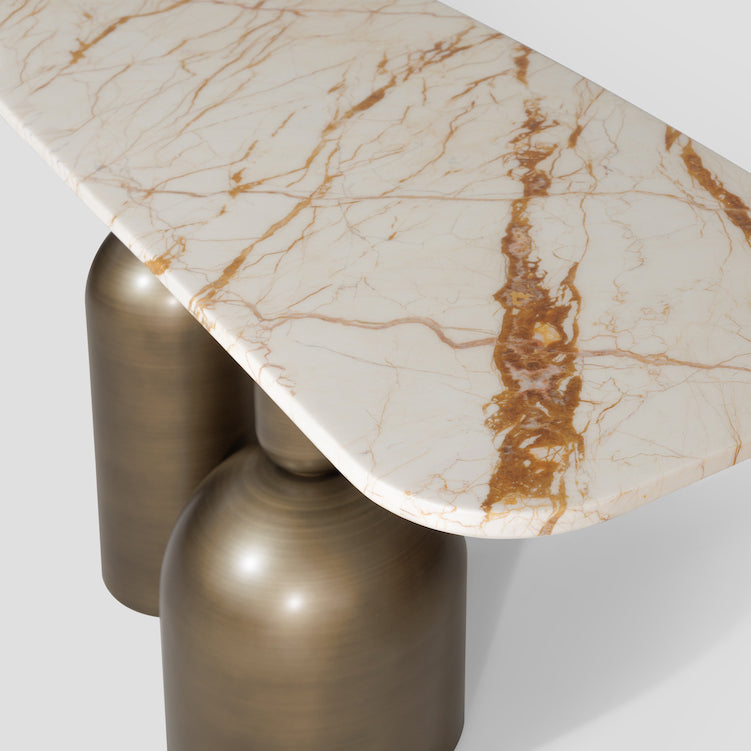 Perrot console table, natural beige marble, brass