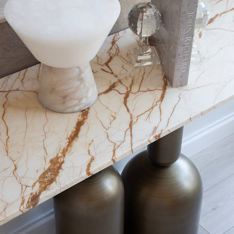 Perrot console table, natural beige marble, brass