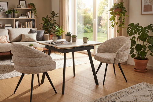 SHELL chairs in Oatmeal Corded Chenille around a table in a living space