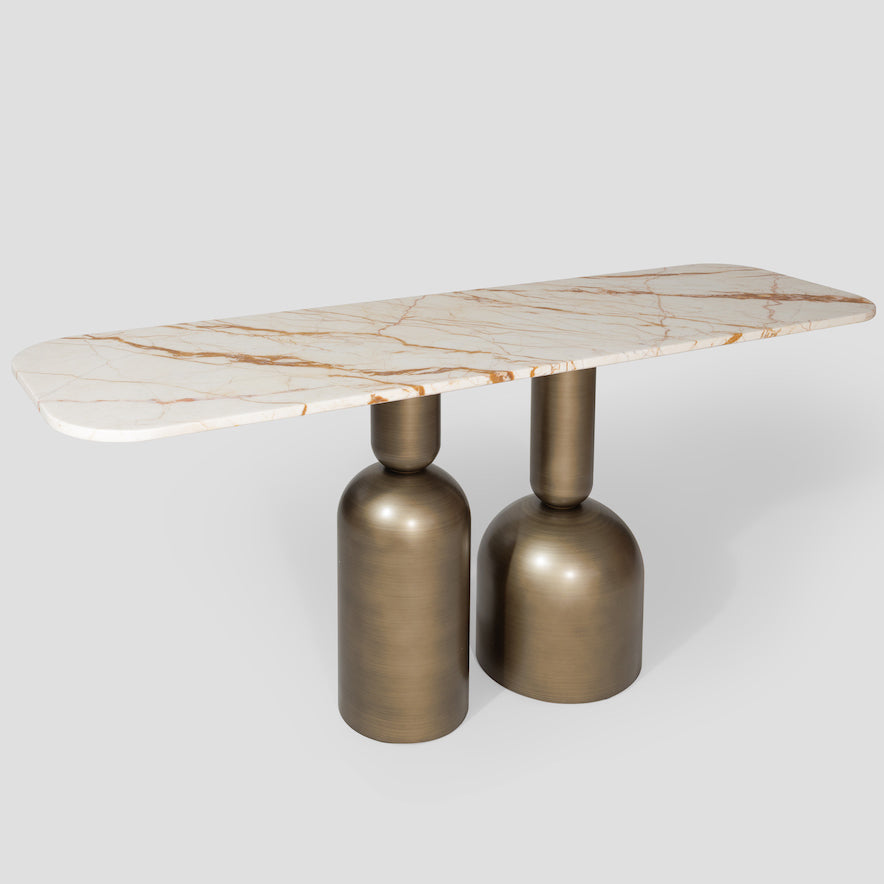 Perrot console table, natural beige marble, brass