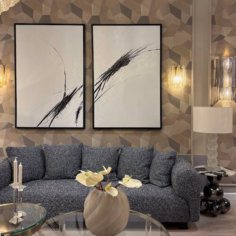 Bergman M 247 cm straight three-seater sofa, black and white bouclé