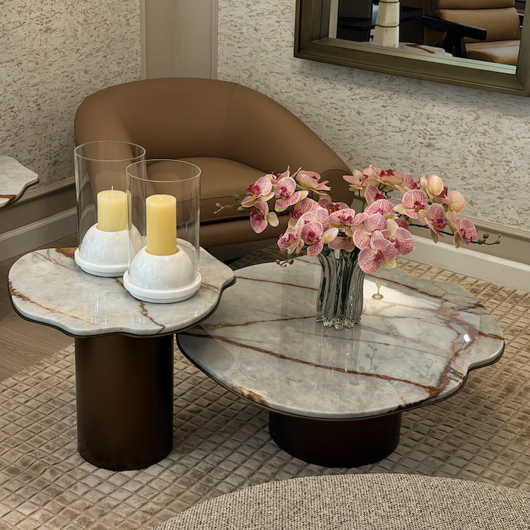 Istres side table with a shaped design and a marble tabletop