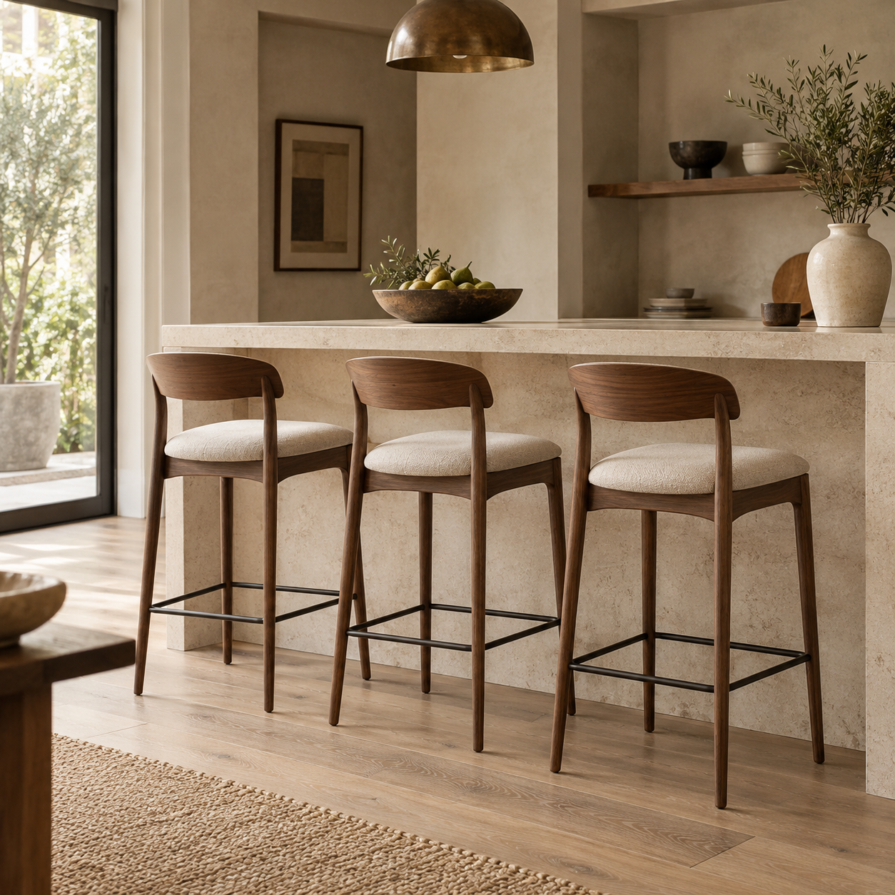 Three walnut bar stools with upholstered seats at a pale stone home bar