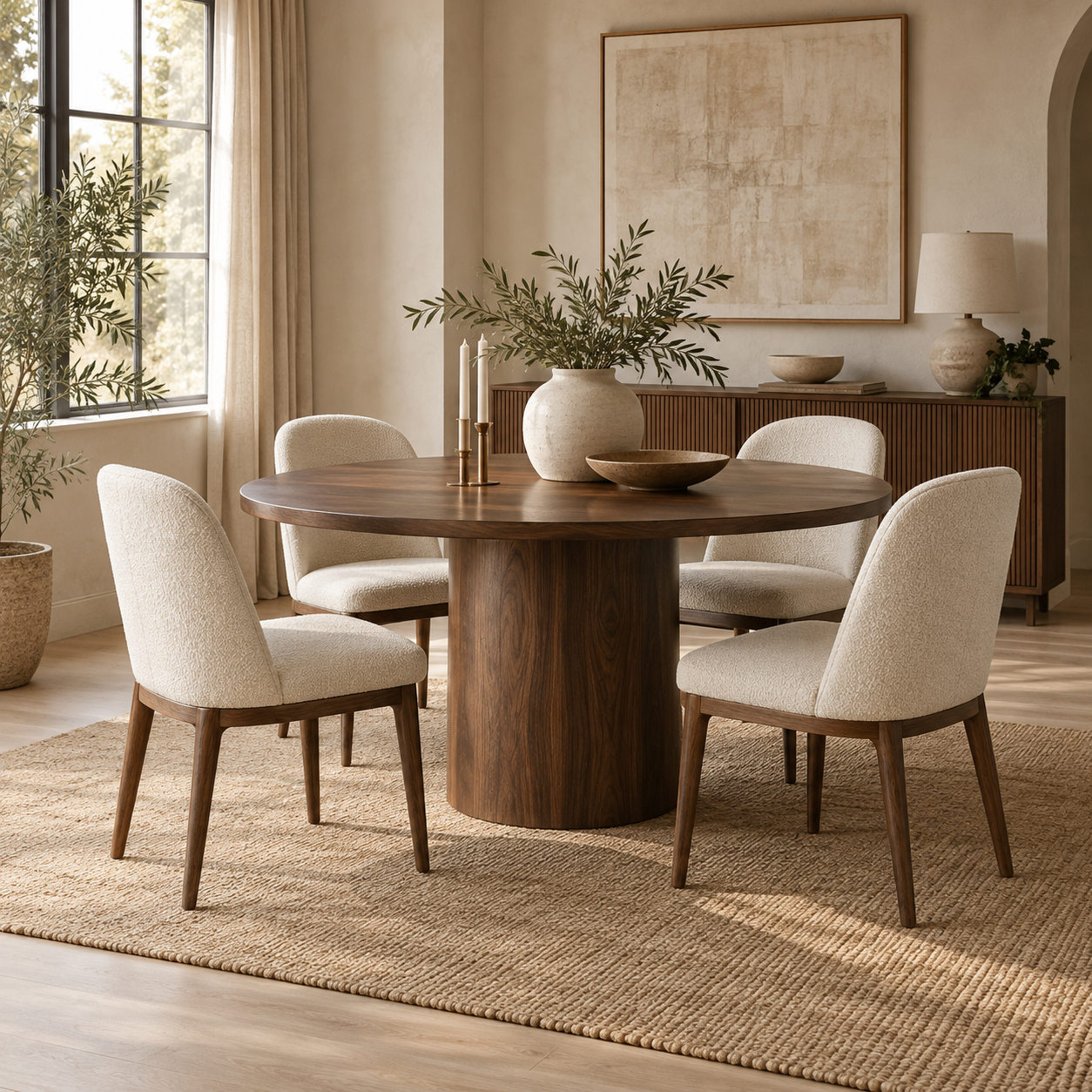 Round walnut dining table with four ivory upholstered chairs in a warm dining room