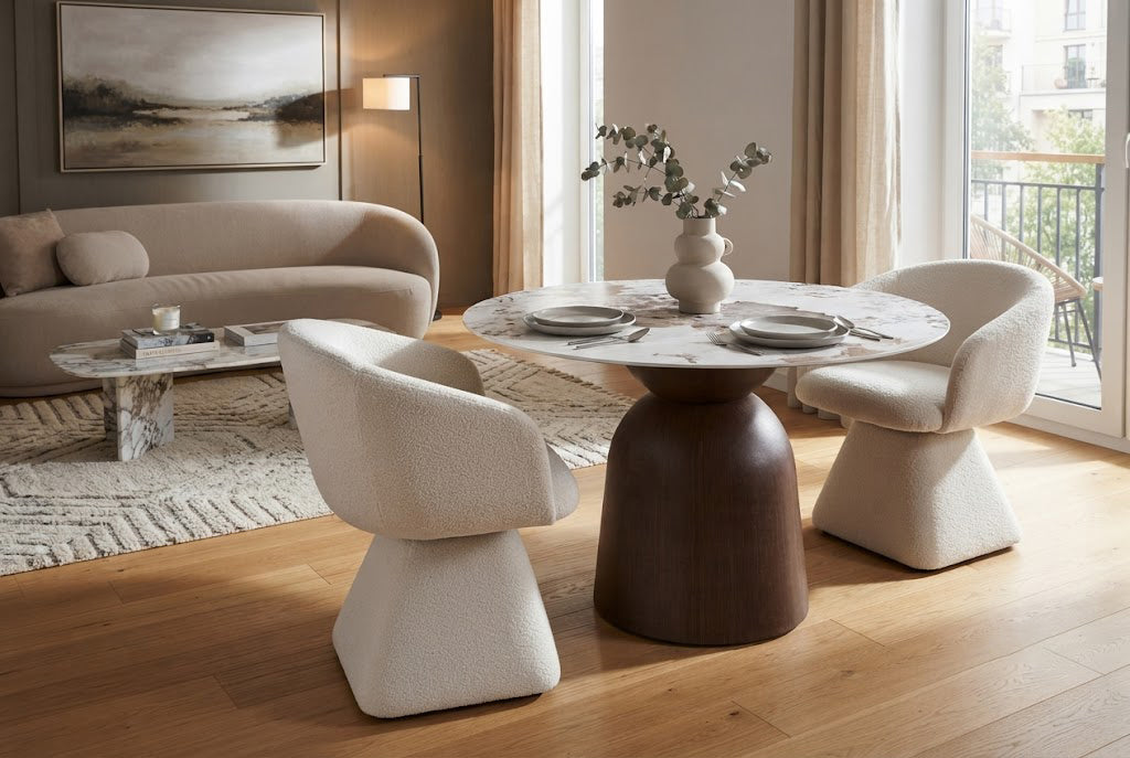 ATLAS round dining table with a Pandora top in a furnished dining space Main image