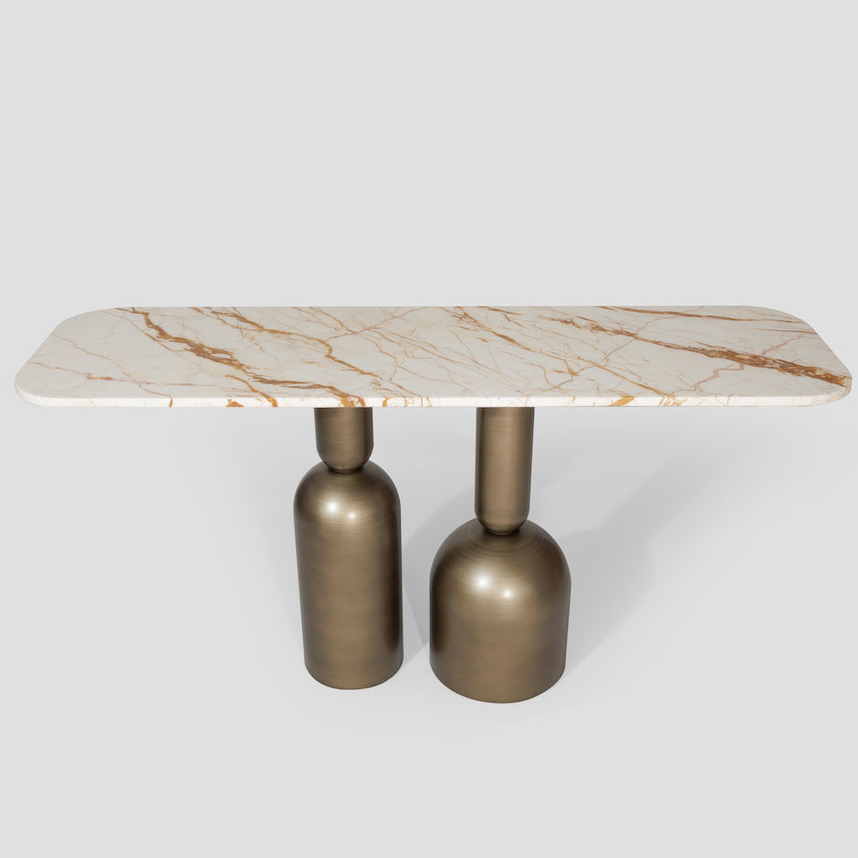 Perrot console table, natural beige marble, brass